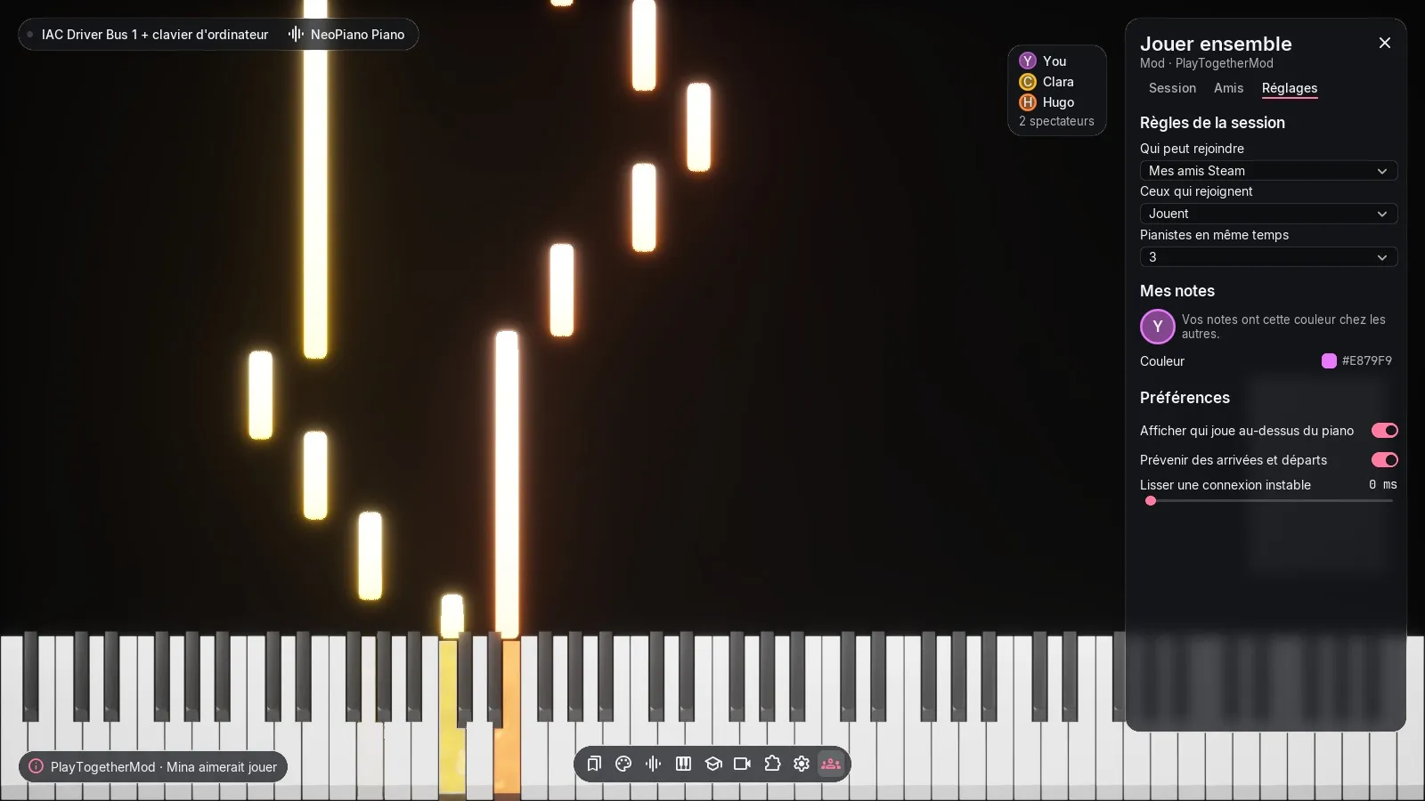 Les réglages de Jouer ensemble : règles de la session, couleur des notes et préférences