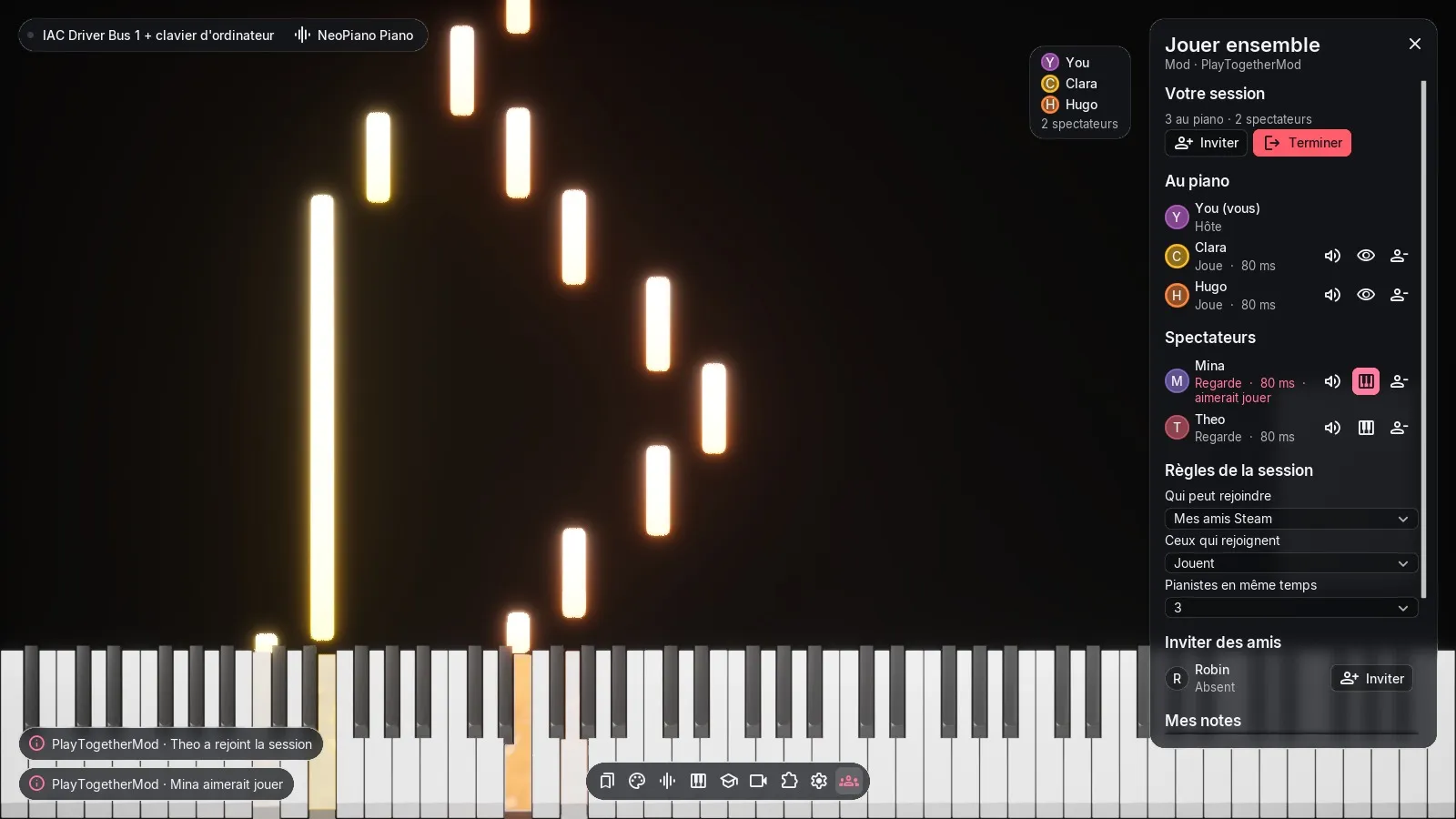 Une session Jouer ensemble : trois pianistes et deux spectateurs