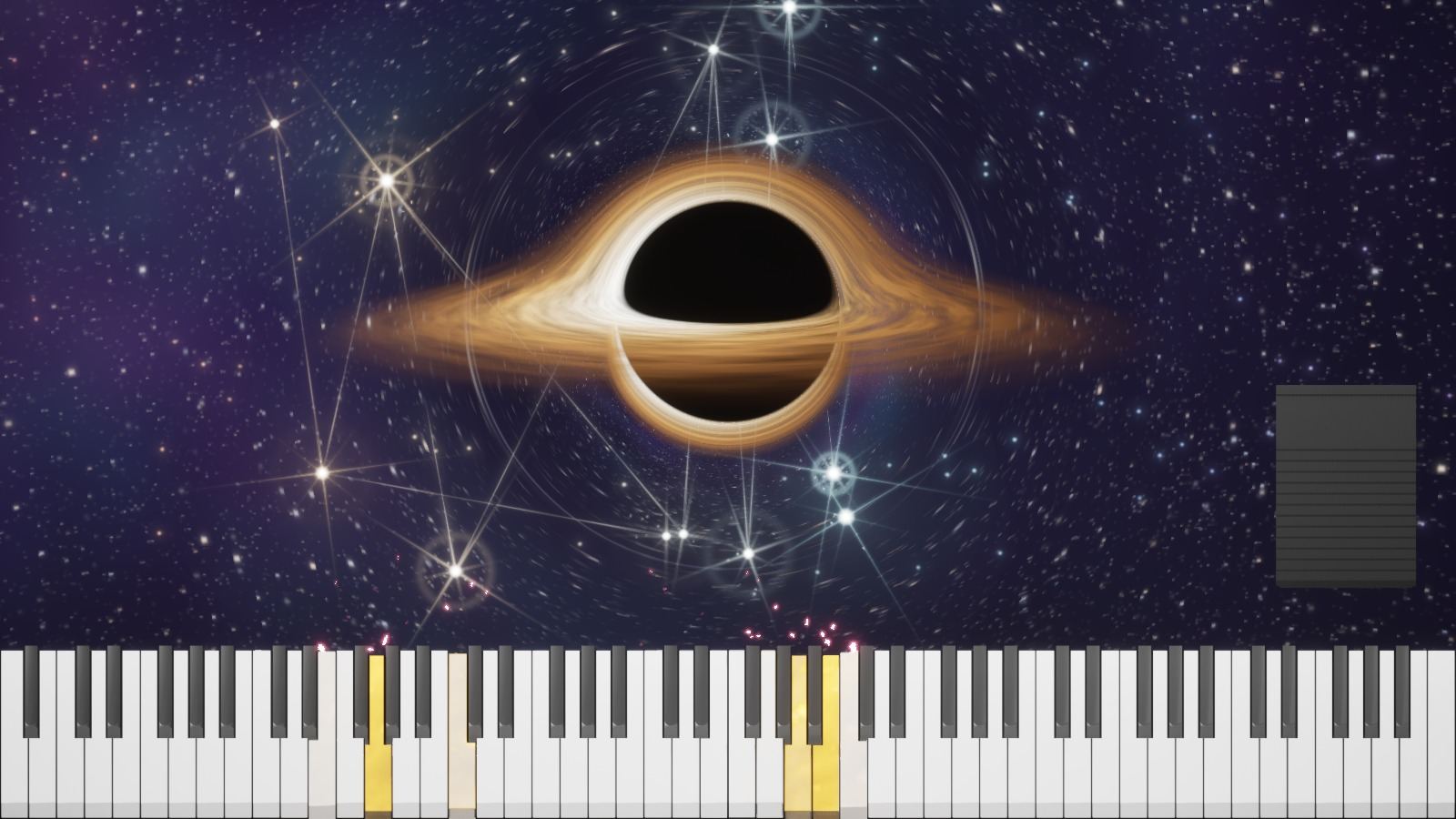 Scène Galaxie de NeoPiano : un trou noir et des constellations au-dessus du clavier