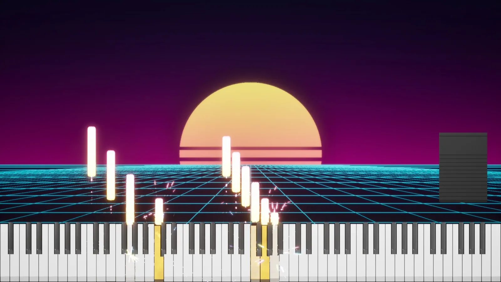 Scène Synthwave avec notes lumineuses et étincelles